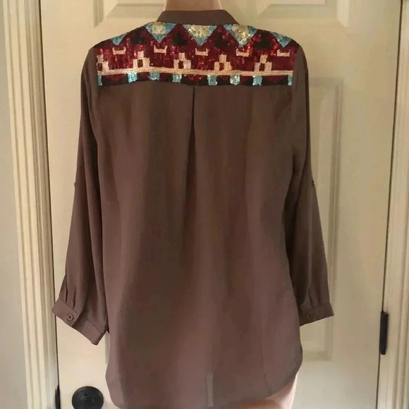 Entro brown long sleeve sequence blouse size small southwestern design - Picture 5 of 11